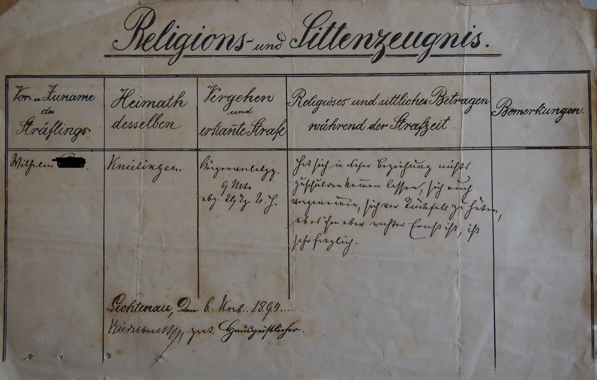 Sittenzeugnis-Entlassschein eines wegen Bürgerverletzung verurteilten Strafgefangenen (1894)